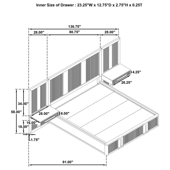 Terrace Wall Panel Platform Storage Bed with Attached Nightstands