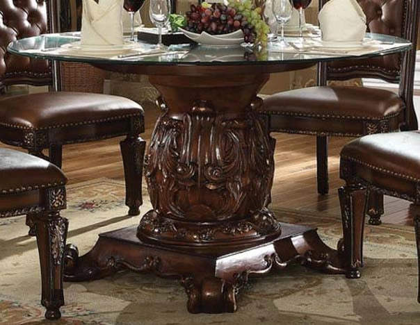 Acme Vendome Single Pedestal Dining Table with 54" Tempered Glass Top in Cherry 62010