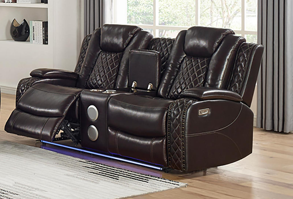 New Classic Furniture Joshua Console Loveseat with Power Headrest and Footrest in Dark Brown
