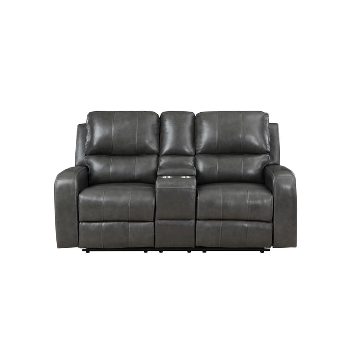 LINTON LEATHER CONSOLE LOVESEAT W/ DUAL RECLINERS-GRAY