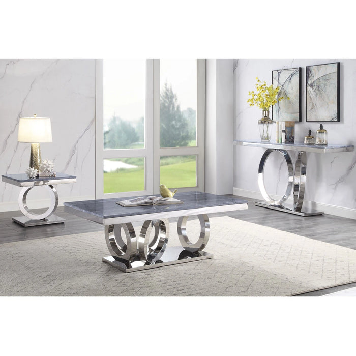 Zasir Gray Printed Faux Marble & Mirrored Silver Finish Table Set
